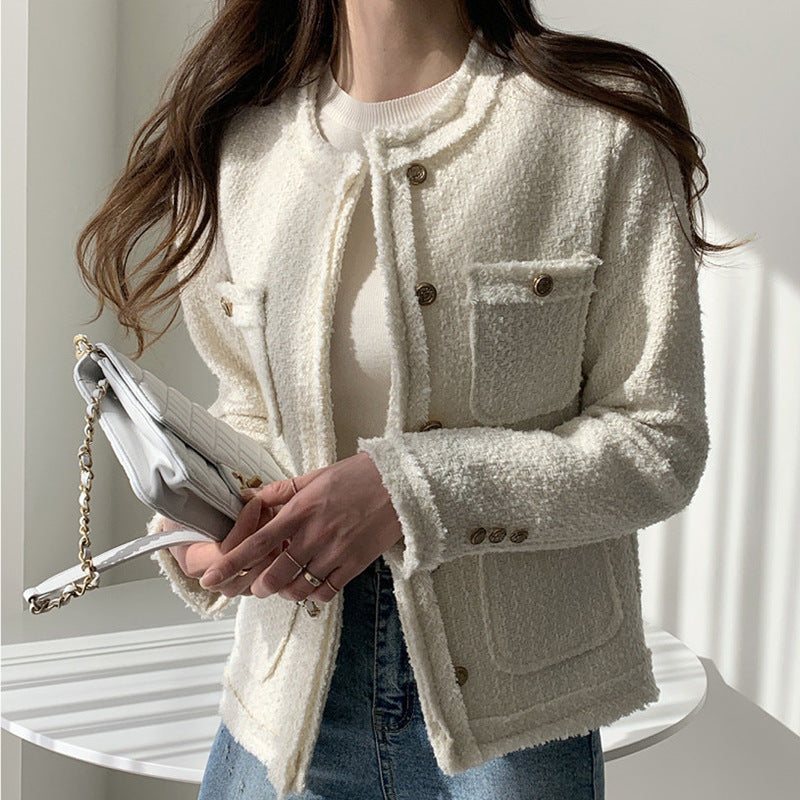 French Temperament Round Neck Multi-pocket Fringed Tweed Short Coat