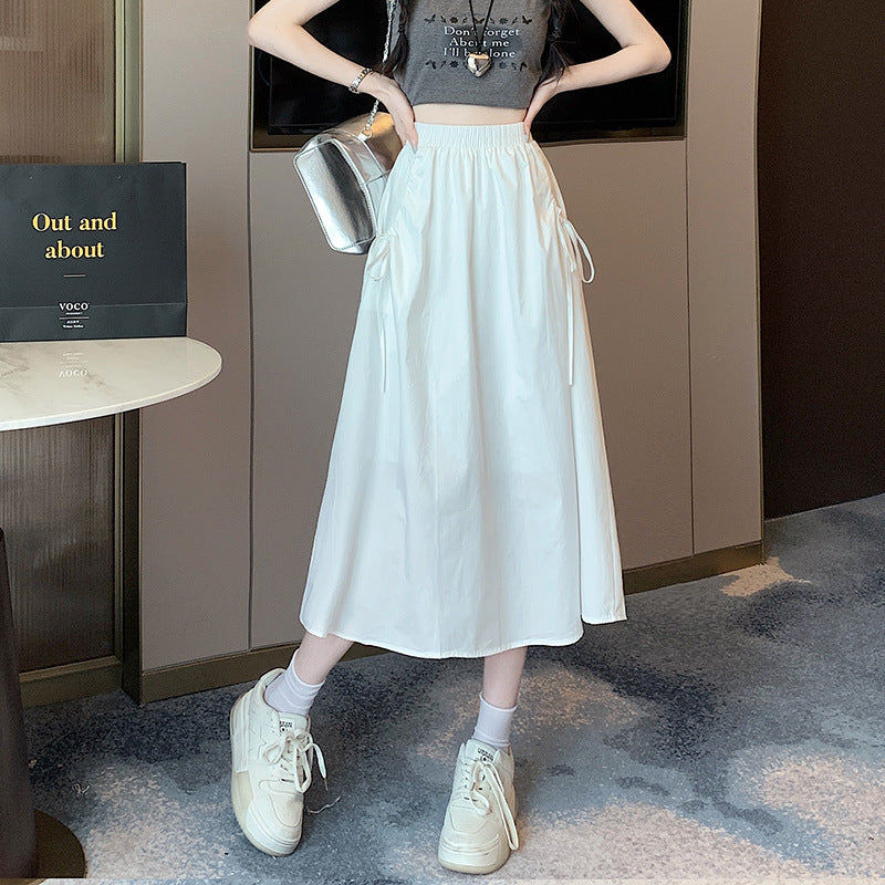 Elastic Waist Pure Color Tied Drawstring Pocket Large Swing Skirt Mid-length French Cotton Suit Skirt