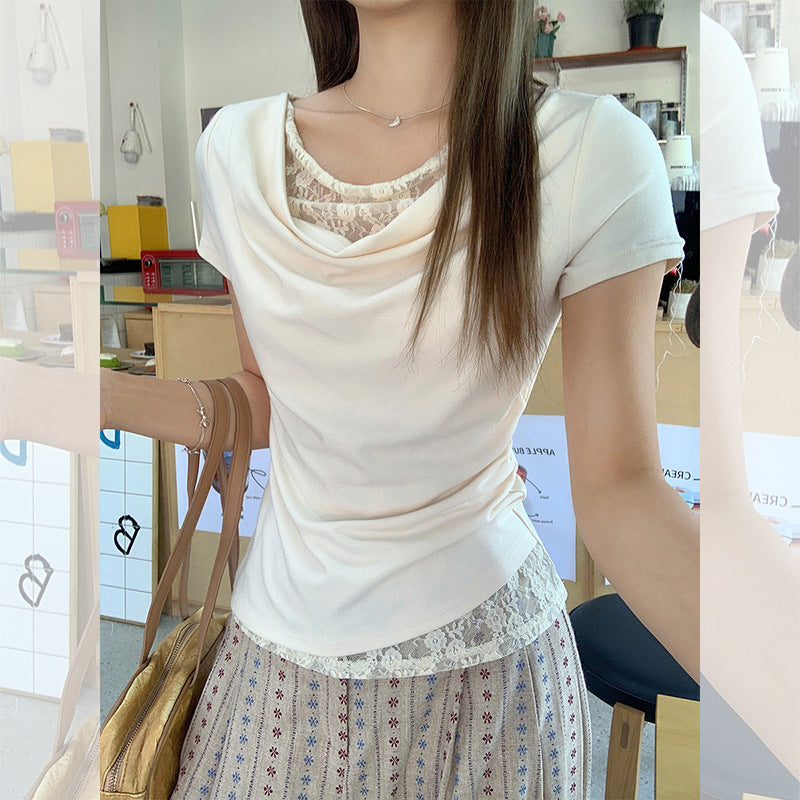 Korean Style Lace Stitching Swing Collar Off-shoulder Short Sleeve T-shirt