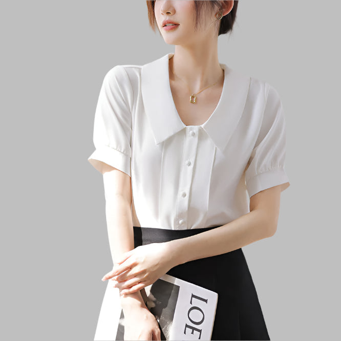 French Style White Short-sleeved Chiffon Shirt With Doll Collar Retro Lantern Sleeve