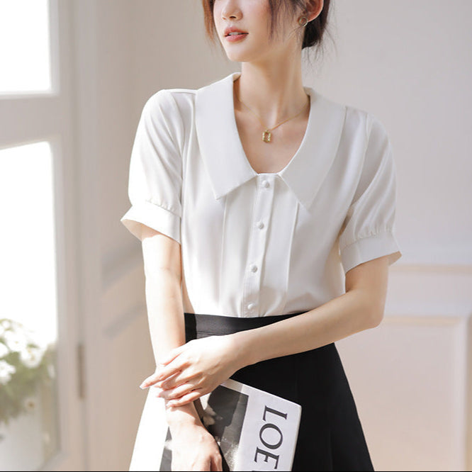 French Style White Short-sleeved Chiffon Shirt With Doll Collar Retro Lantern Sleeve