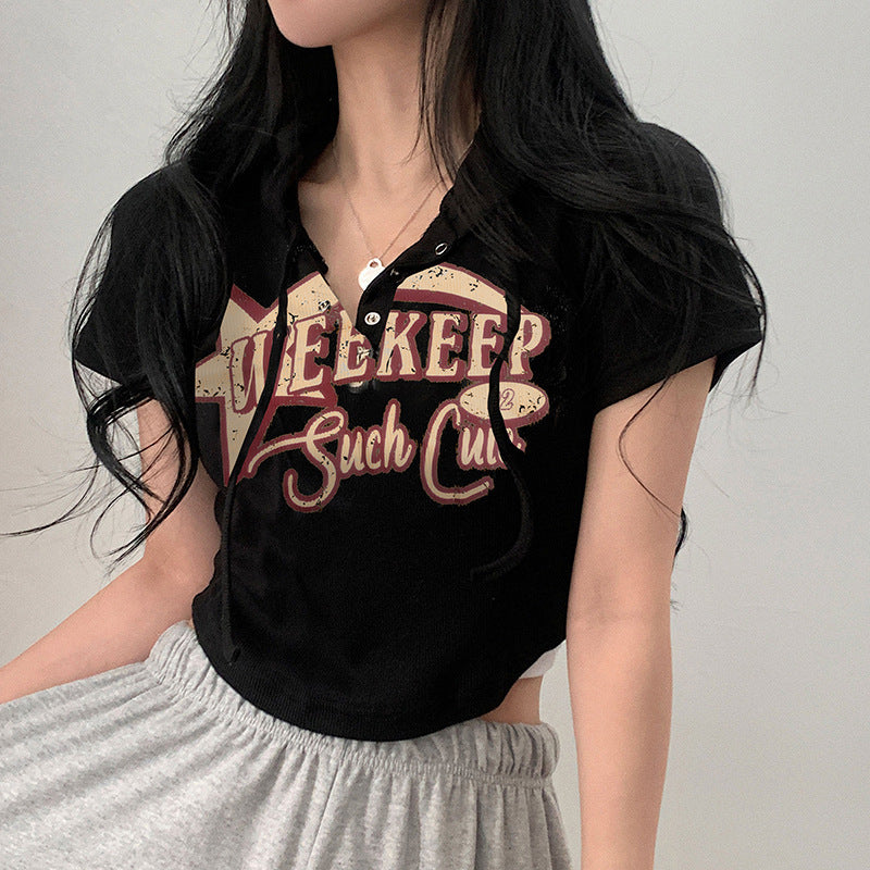 American Preppy Style Fashion Printed Hooded Casual T-shirt Irregular Curved Hem Slimming Versatile Short Top