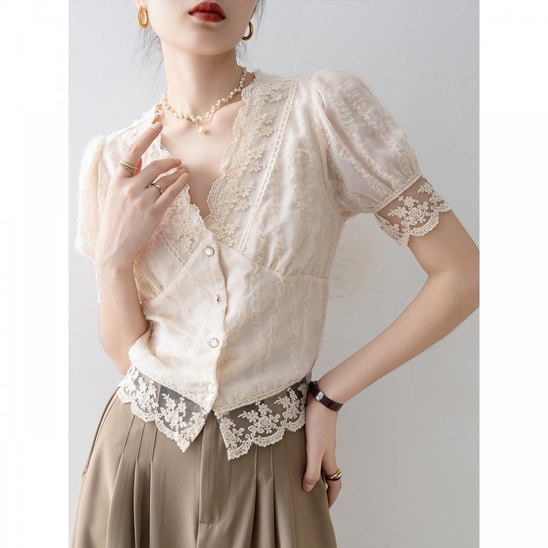 New Women's Summer Short Sleeve Chiffon Lace Shirt Top