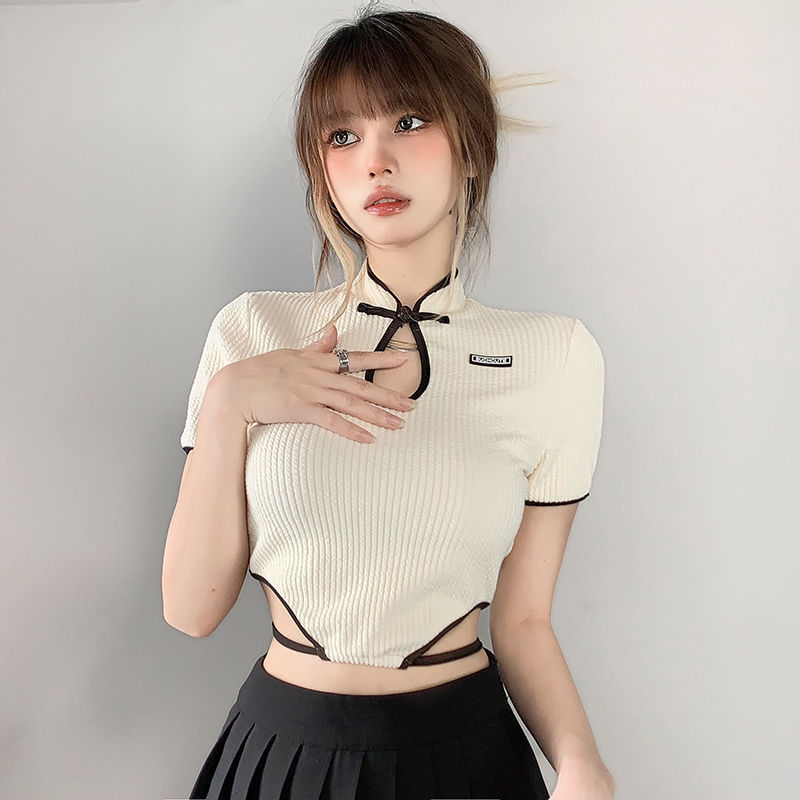 Buckle Stand Collar Texture Irregular Hem Slimming Lace Up High Waist Hot Girl Short T-shirt