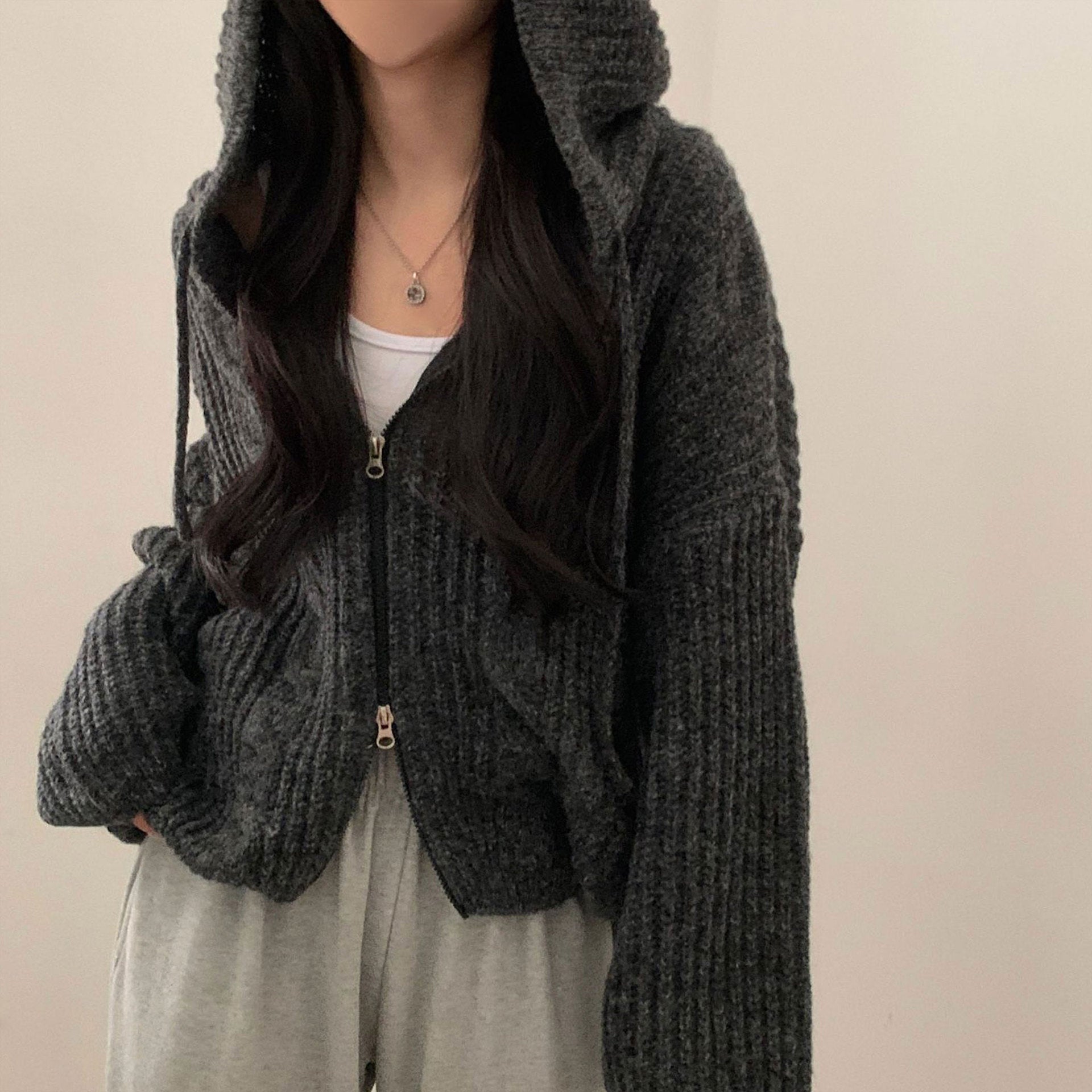 Hooded Long Sleeve Knitted Sweater Cardigan Coat Women