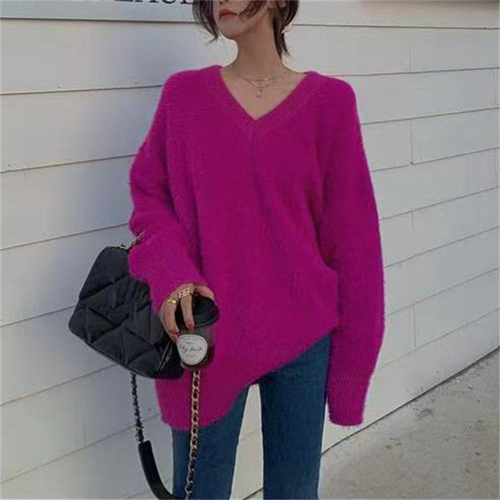New Gentle Soft Glutinous Sweater Women's V-neck Imitated Mink