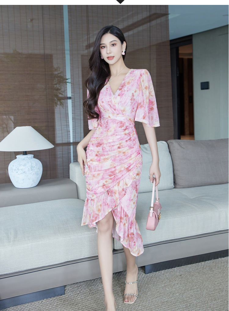 Women's Fall Slim Fit V-neck Irregular Dress