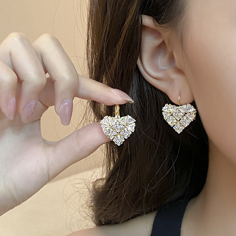 French Style Heart-shaped Zircon Earrings For Women