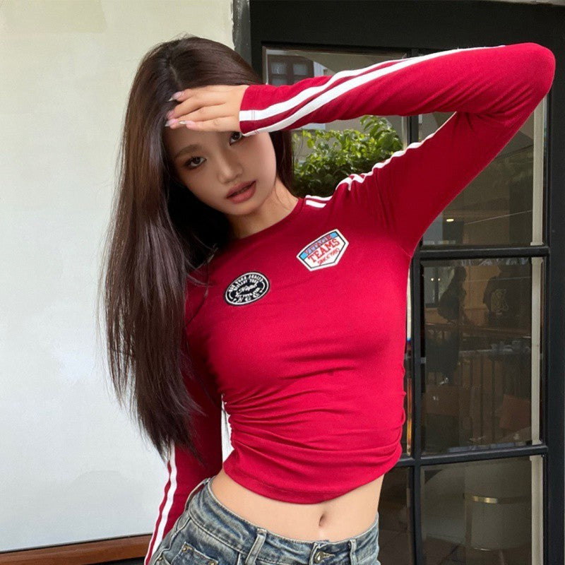 Women's Autumn Red Tight Long-sleeved T-shirt Top