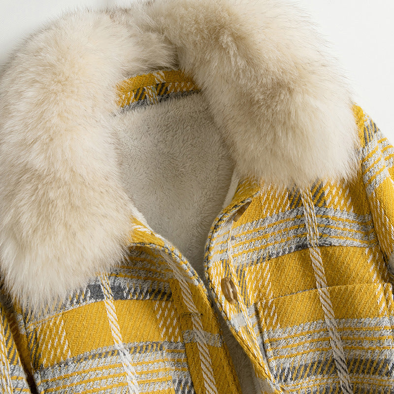 Women's Temperament Tweed And Velvet Thick Plaid Jacket