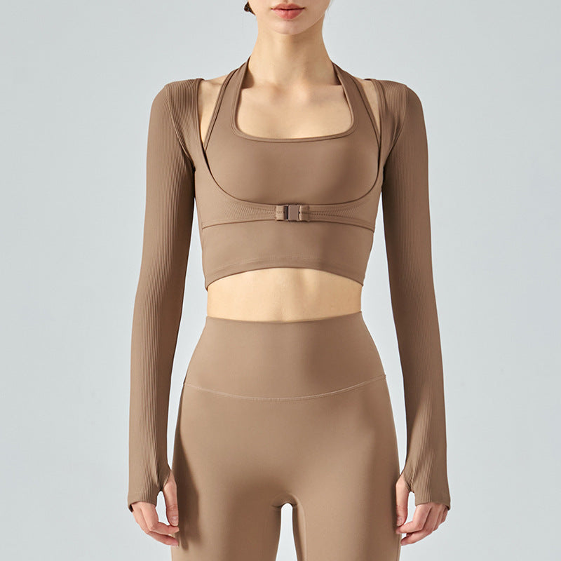 Halter Fake Two-piece Slim Fit Yoga Long Sleeve Nude Feel Sports Top Women's