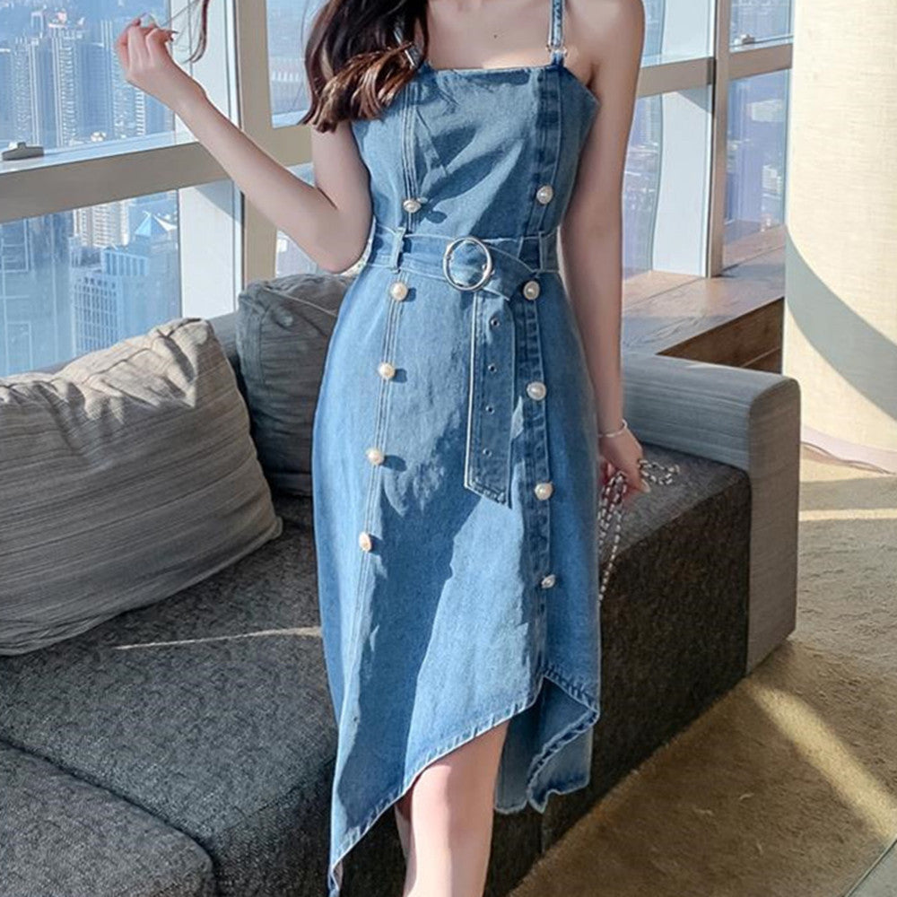 Denim Sling Dress French Vintage Irregular Pearl Buckle