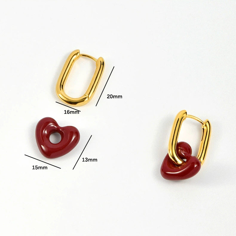Titanium Steel Vintage Dripping Oil Red Love Heart Earrings Women