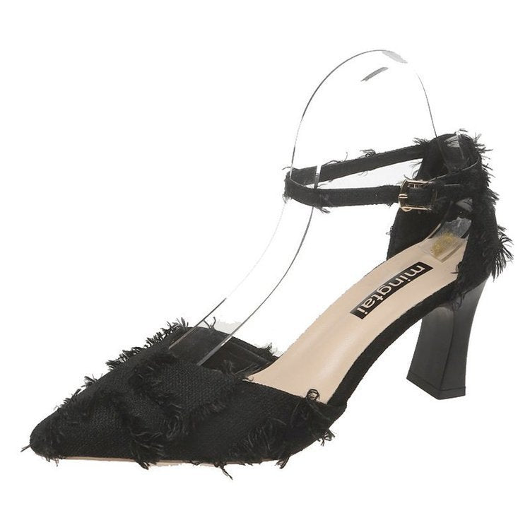 Pointed Toe  Sandals With Thick Heel Buckle