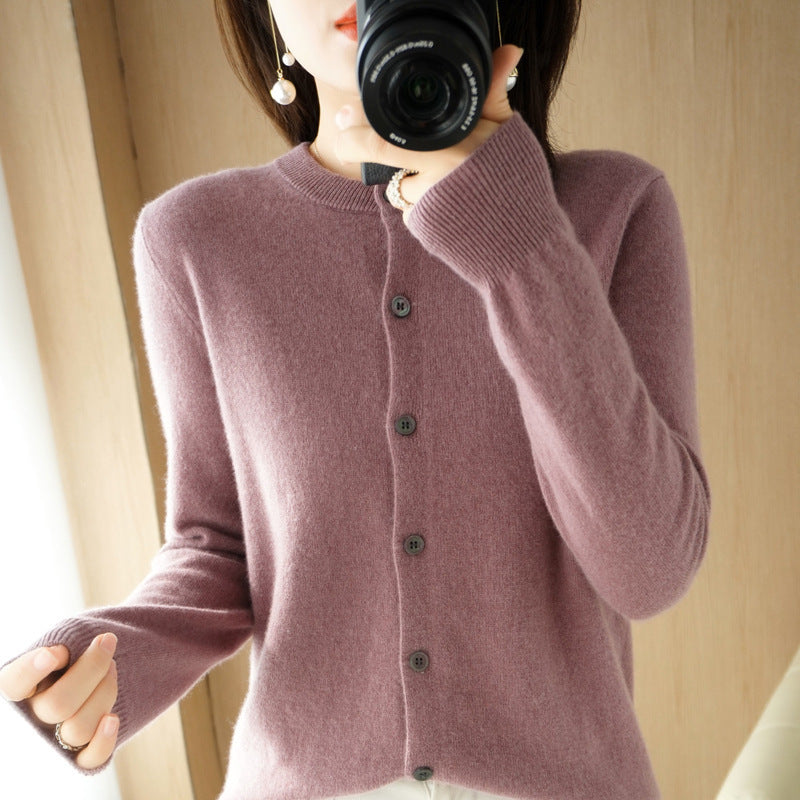 Backed Round Neck Knitted Cardigan Coat For Women