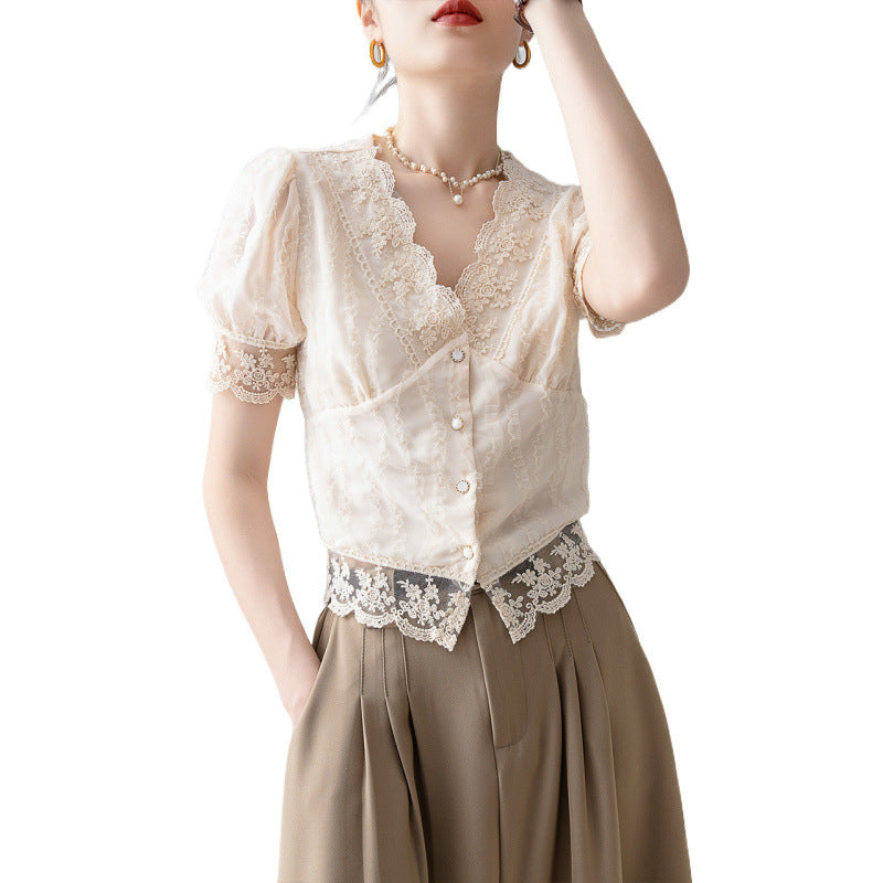 New Women's Summer Short Sleeve Chiffon Lace Shirt Top