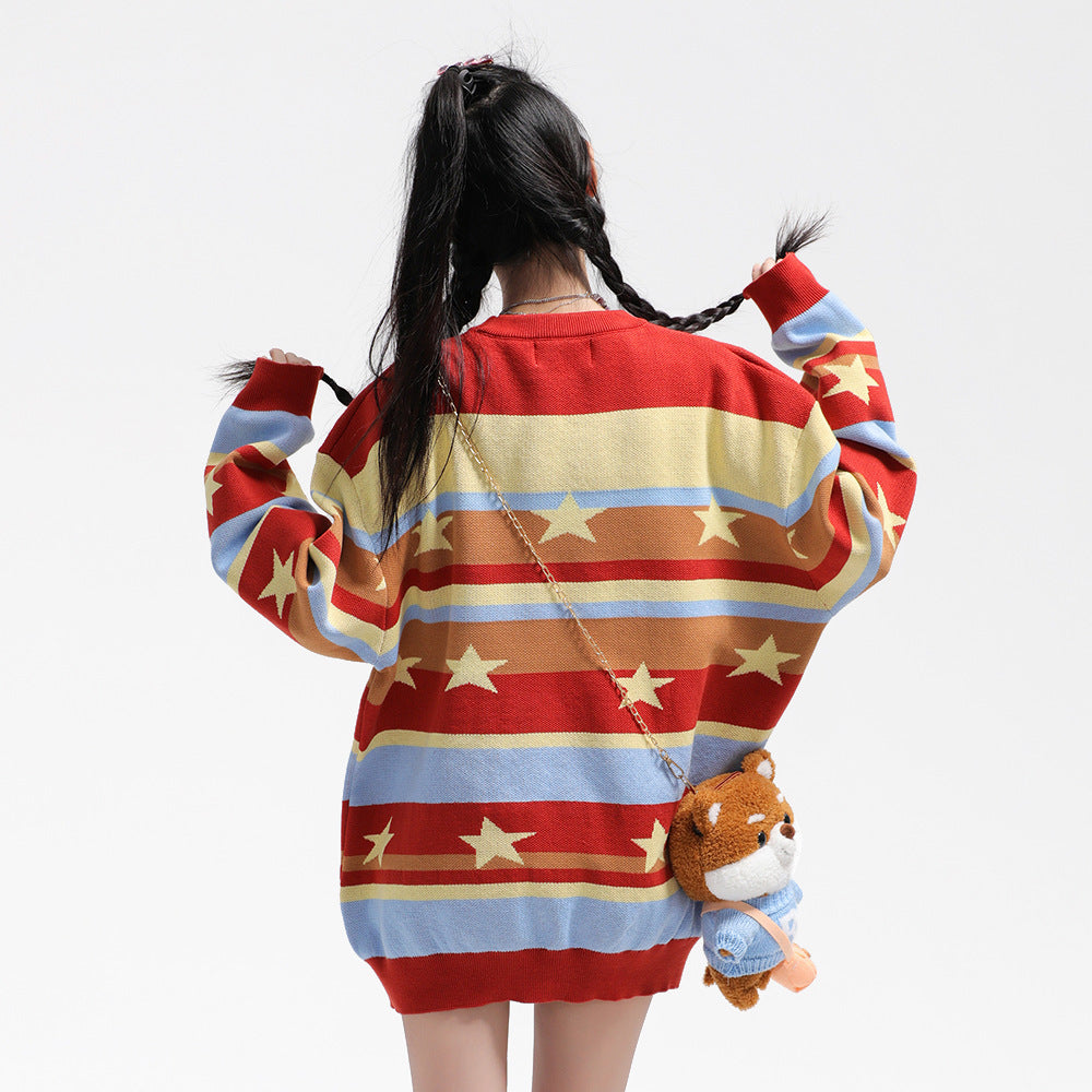 Contrast Color Striped Full Printed Five-pointed Star Round Neck Sweater For Women