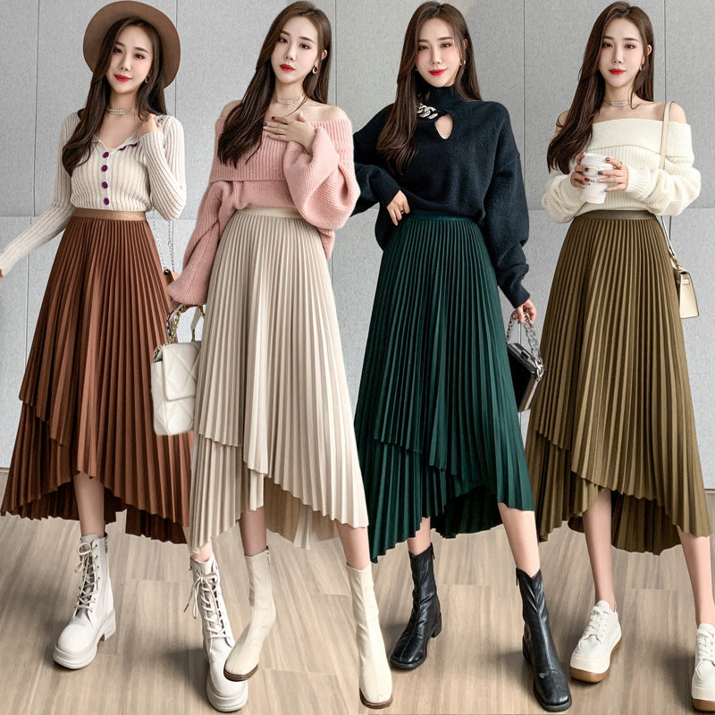 Retro Style Irregular Pleated Skirt Women's High Waist Slimming