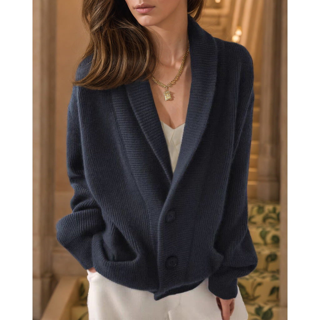 Retro Lapels Solid Color Long Sleeve Knitted Cardigan