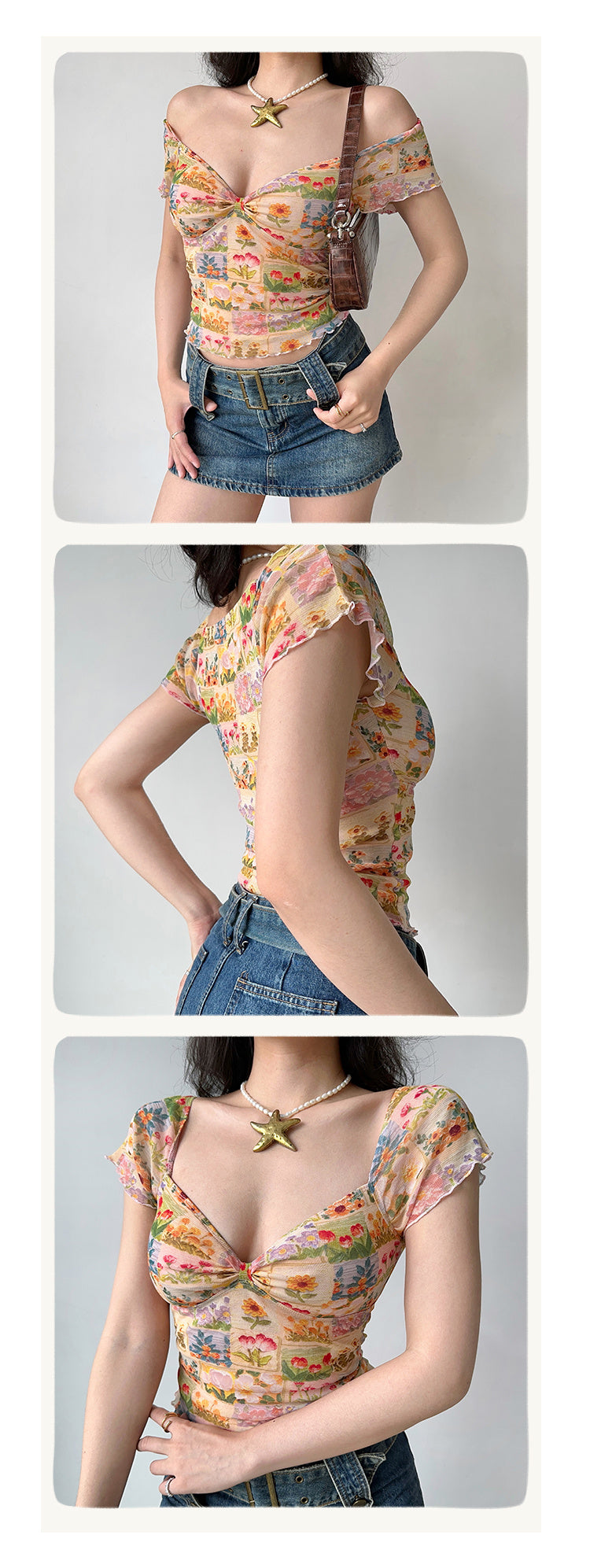 Oil Painting Flower Printed V-neck T-shirt Women's Mesh Short Sleeve Top