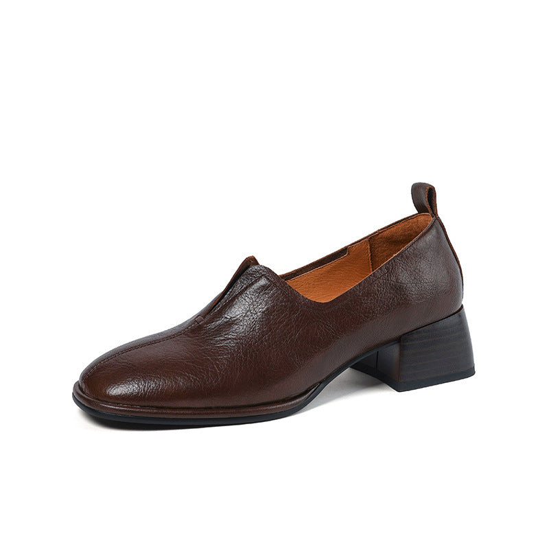 Cowhide Round Head Chunky Heel Deep Mouth Mid-heel Shoes