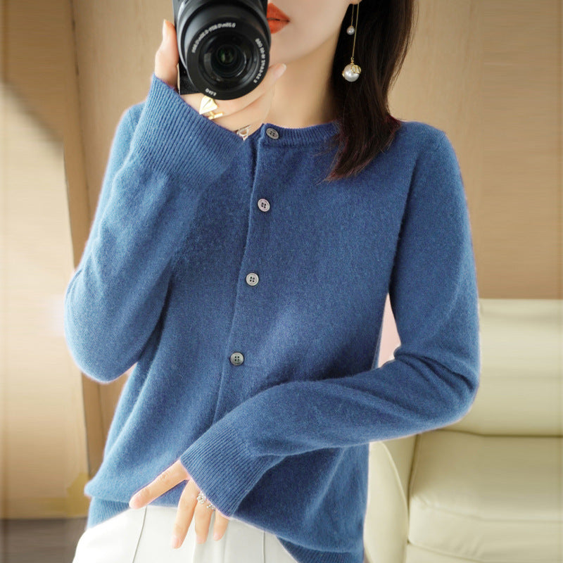 Backed Round Neck Knitted Cardigan Coat For Women