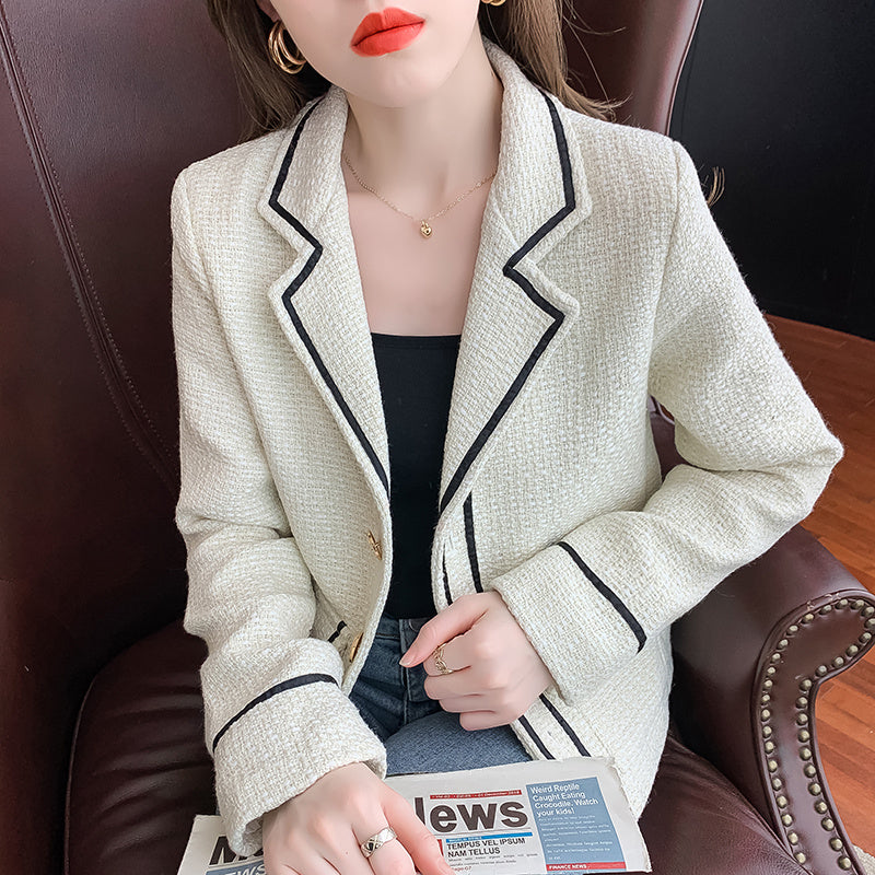 Women's Tweed Jacket Casual Colorblock Suit Collar