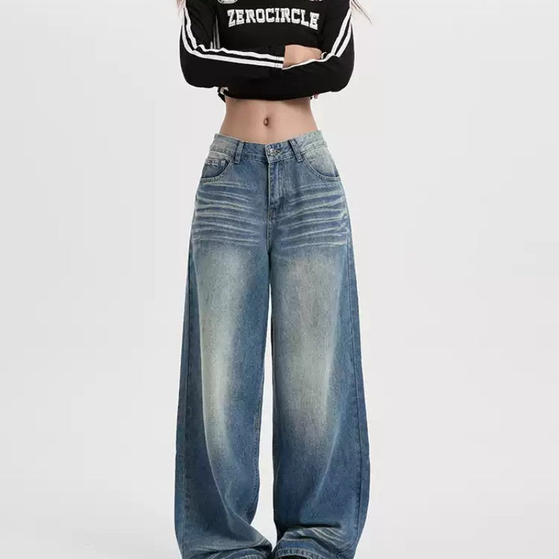 American-style Retro Blue Cat Wide-leg Jeans