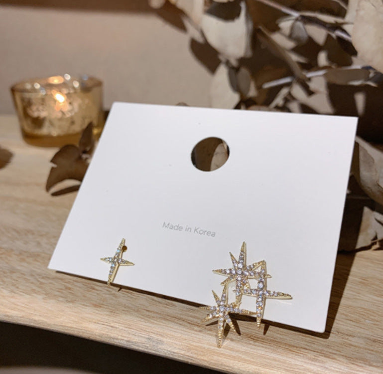 Sterling Silver Needle Shiny Asymmetric Stars Earrings