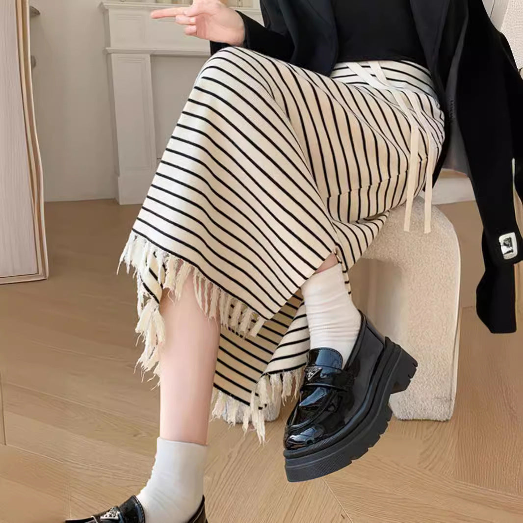 Striped Knitted Skirt High Waist Slimming