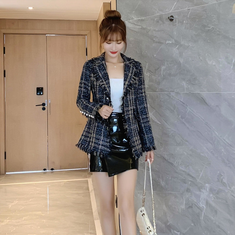 Fashion Slim Tweed Plaid Beaded Tassels Blazer