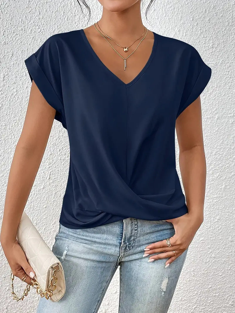 Solid Color V-neck T-shirt Elegant Short Sleeved Top For Spring And Summer Women's Clothing