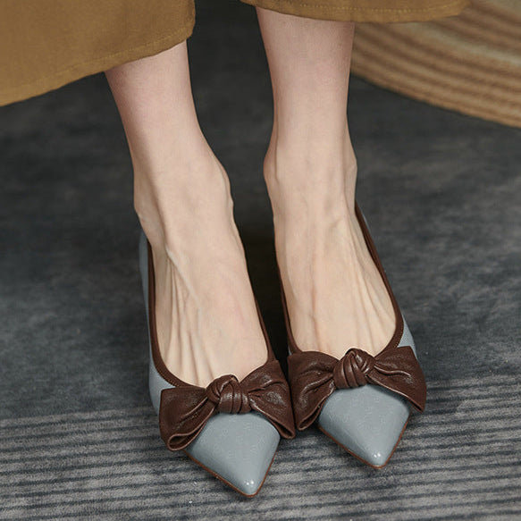 Women's Bow Leather Mid Heel Shoes Spring Autumn