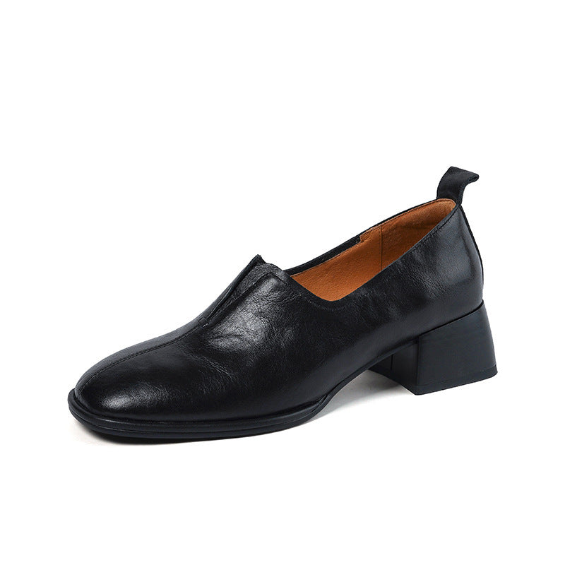 Cowhide Round Head Chunky Heel Deep Mouth Mid-heel Shoes