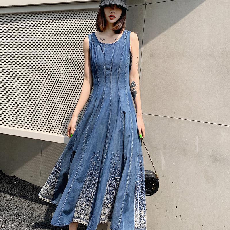 Summer Denim Dress Sleeveless Thin Embroidery