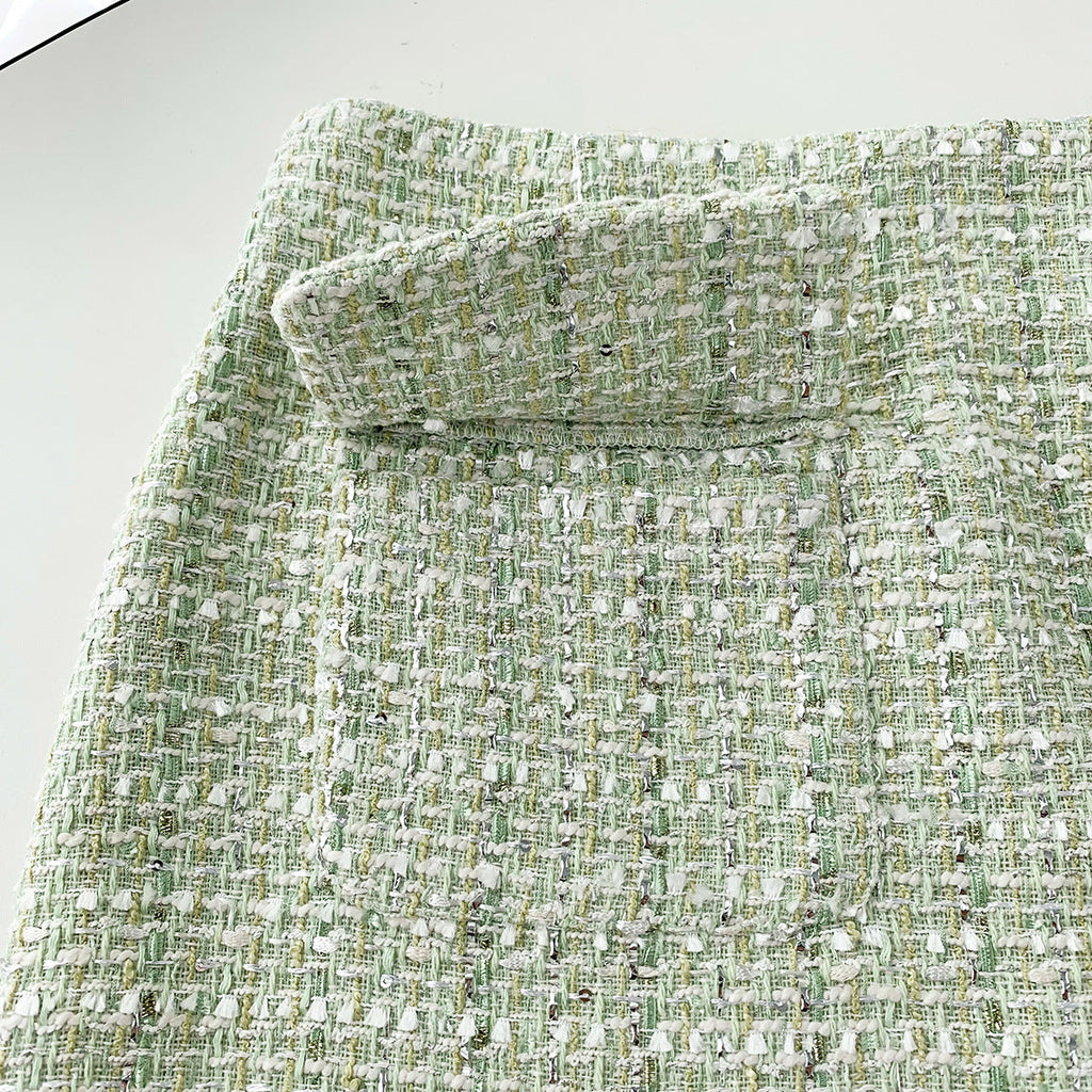 Light Green Tweed Glossy Lace Collar Jacket