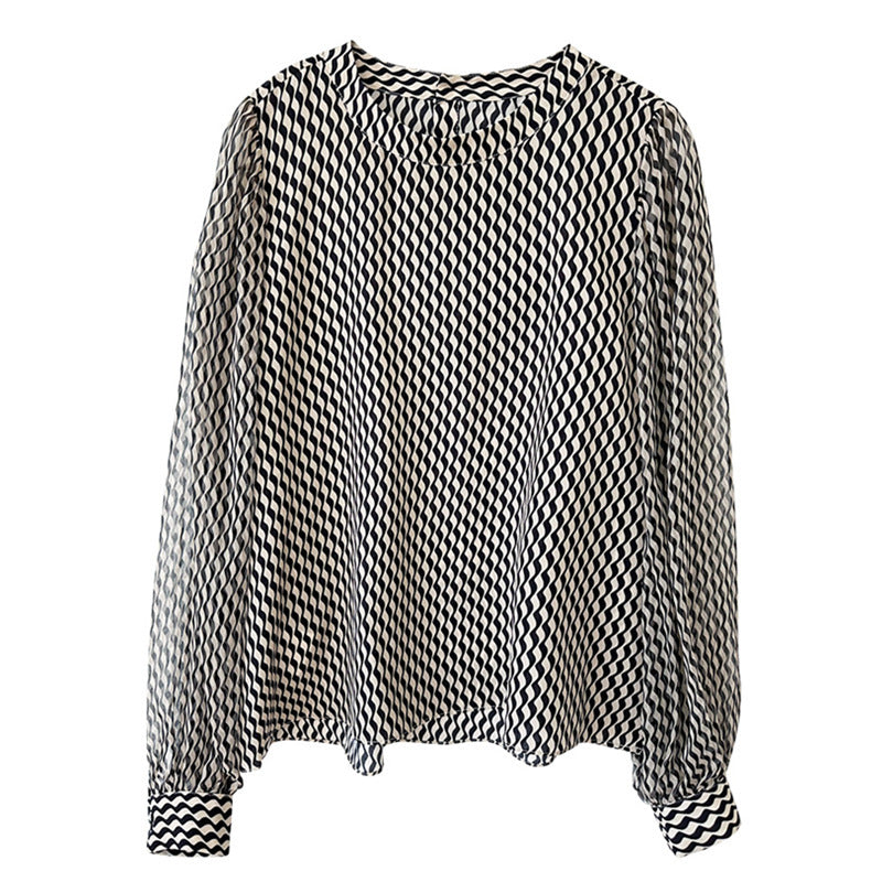 Striped Crepe De Chine Silk Shirt Stand Collar
