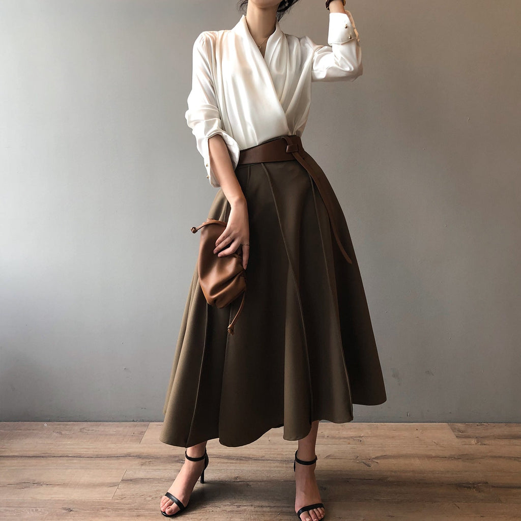 Women's French Elegant Long Sleeve Satin V-neck Shirt