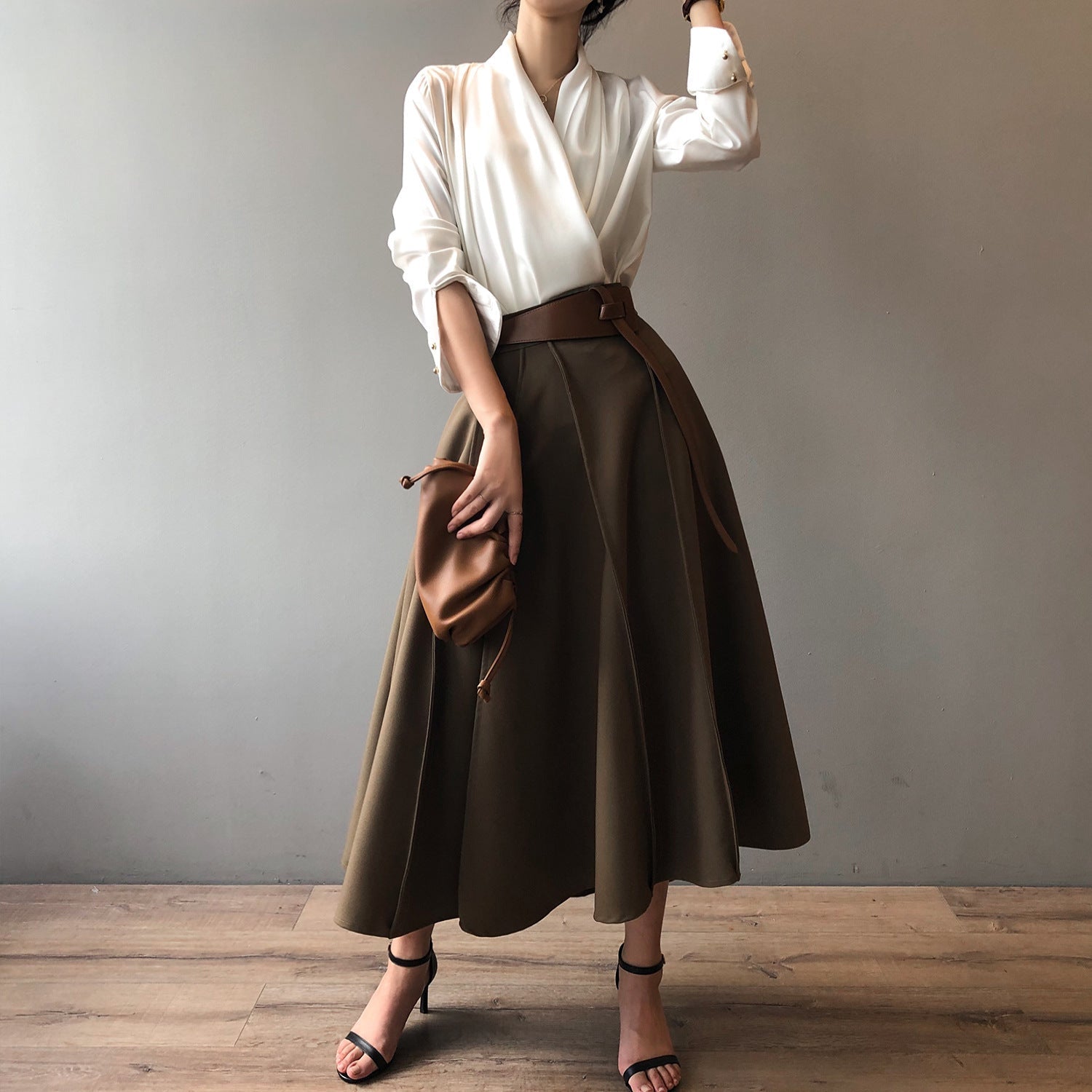 Women's French Elegant Long Sleeve Satin V-neck Shirt