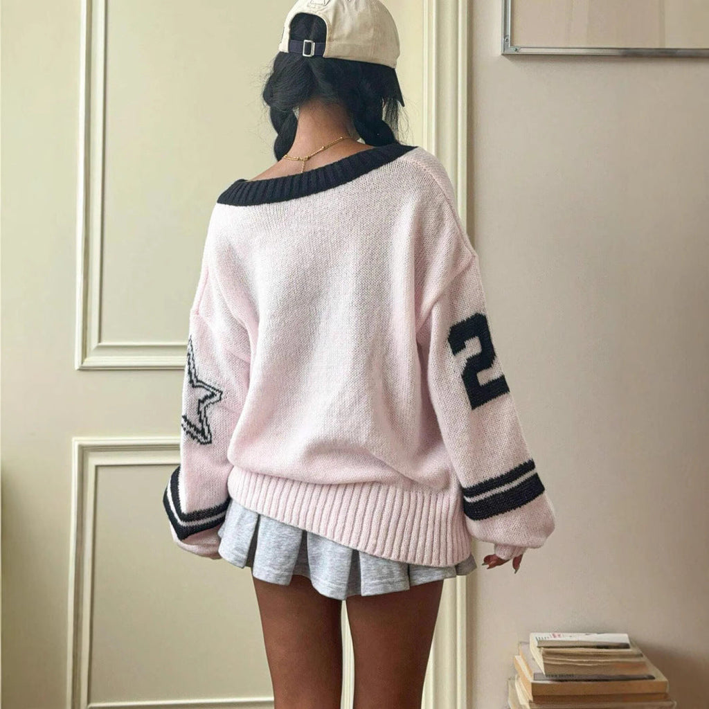 Contrast Color Digital Jacquard Loose-fitting V-neck Long Sleeves Sweater