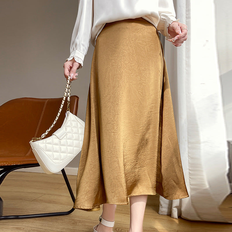 Water Ripple Skirt Silk Texture Mid-length High Waist Solid Color Skirt