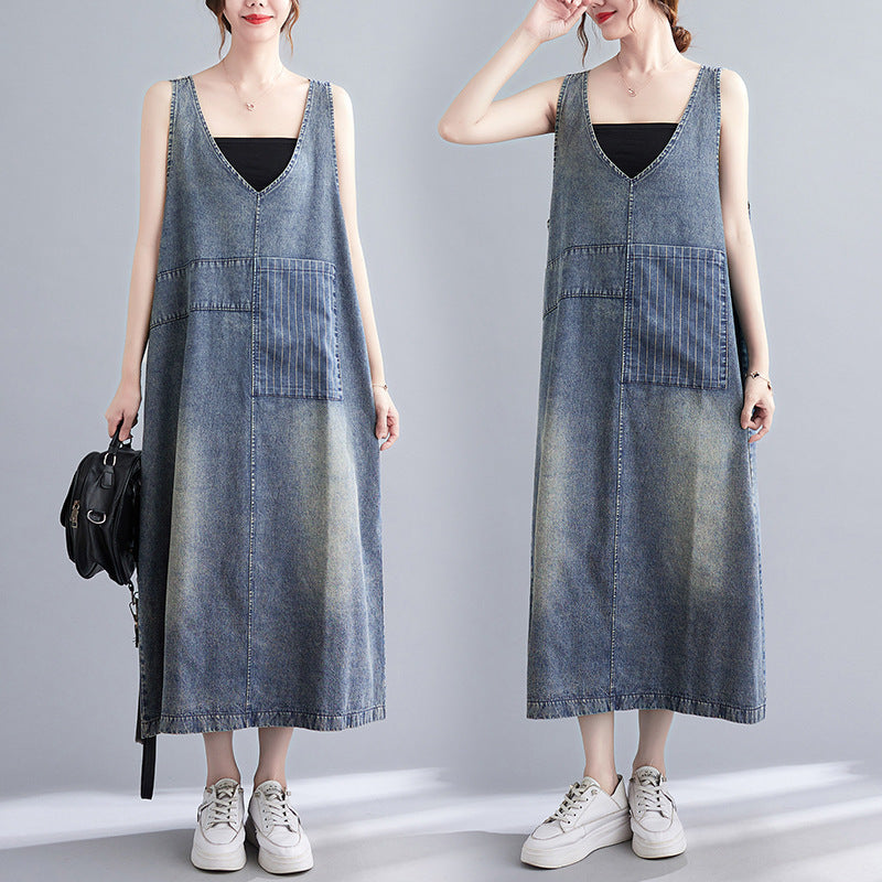 Women's Retro Literary Washed V-neck Denim Dress