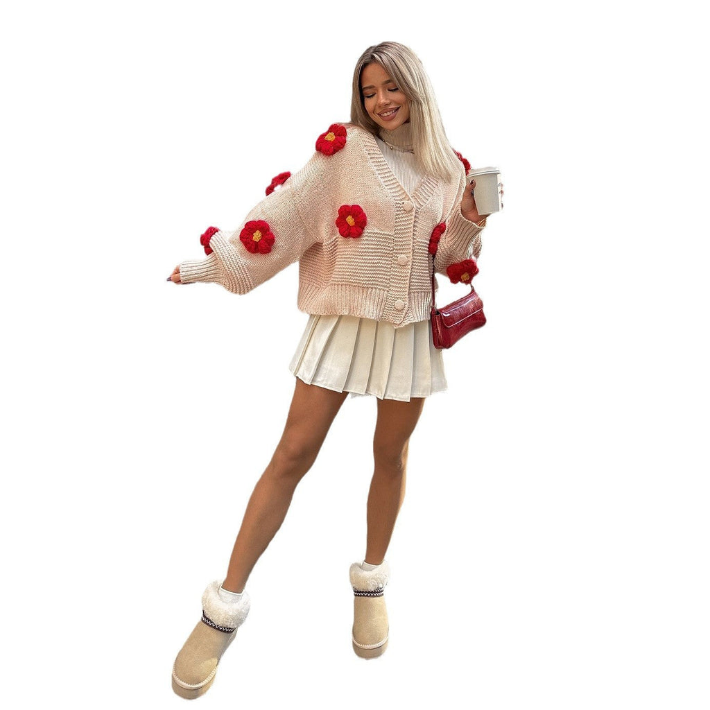 Three-dimensional Flower Sweater Fashion Loose V-neck
