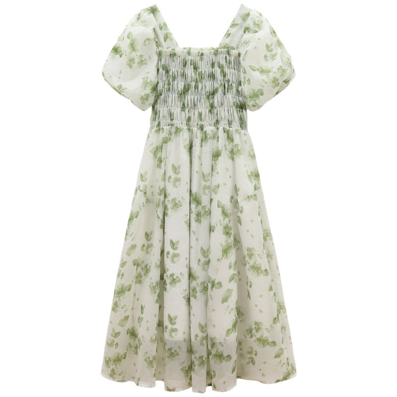 Square Neck Mid Length Pleated Waistband Skirt