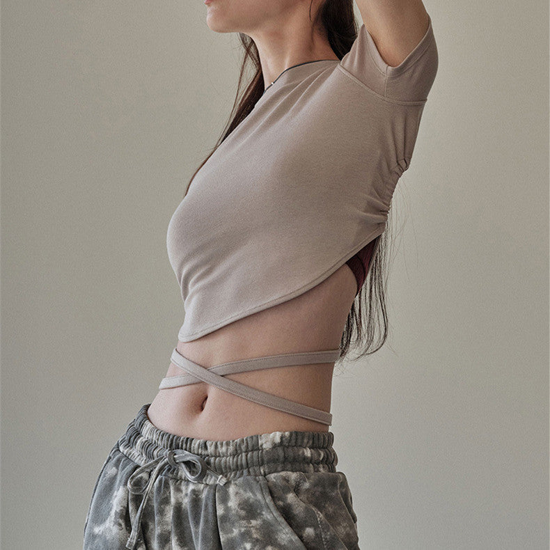 Summer New Yoga Wear Lace-up Winding Back Hollow Sexy Sports Short-sleeved T-shirt