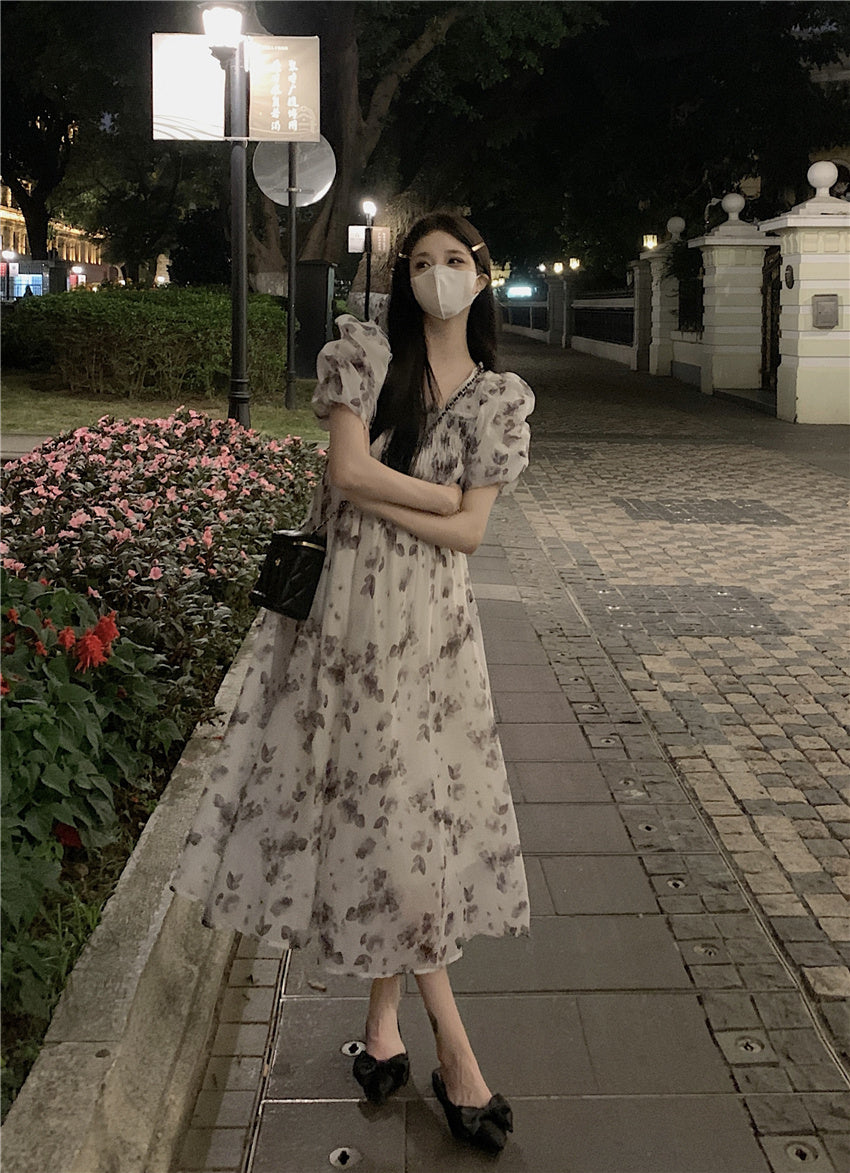 Square Neck Mid Length Pleated Waistband Skirt