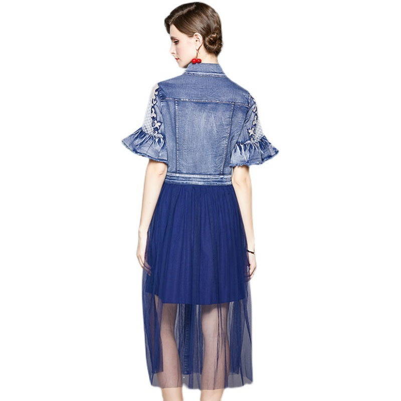 Beaded Hollow Mesh Denim Panel Dress