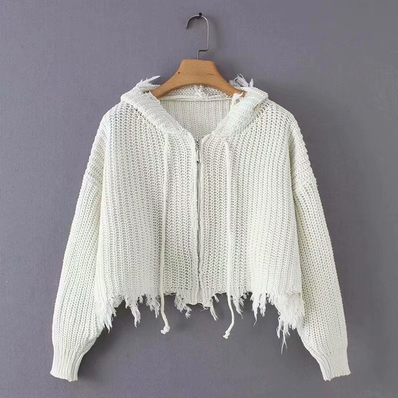 European And American Hooded Tassel Zipper Sweaters Coat