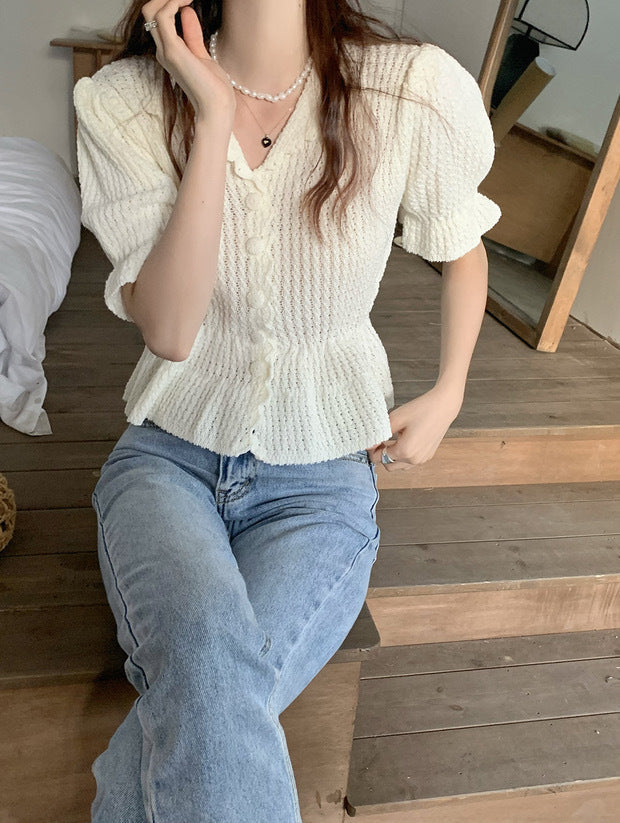 Gentle Romantic Lapel Puff Sleeve Slim Chic Top Crocheted Button Knitted Sweater Cardigan For Women