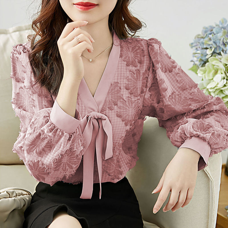 Lantern Sleeve Chiffon Shirt Women's Bowknot Loose Slimming Blouse